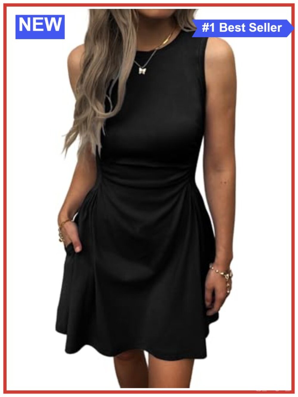 Sleeveless Ruched Waist Pleated Mini Dress with Pockets Casual Summer